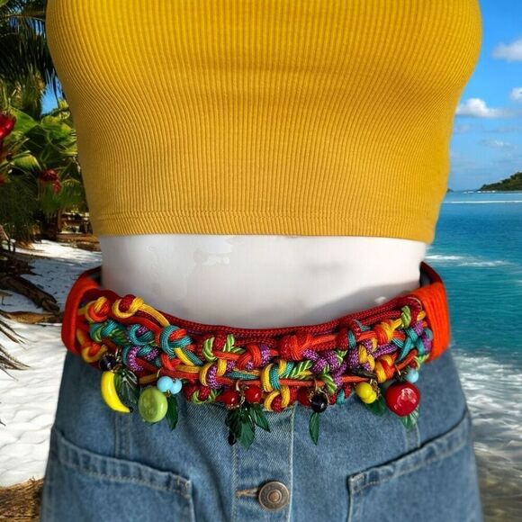 VTG 90’s Woven Rainbow Tropical Fruit Belt - Picture 2 of 10
